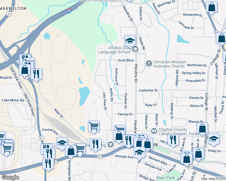 map of restaurants, bars, coffee shops, grocery stores, and more near 4632 Burks Road in Forest Park