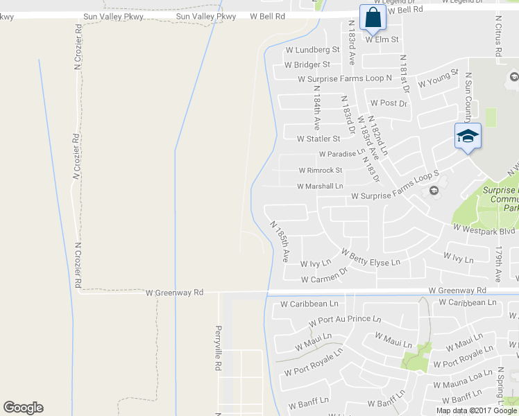 map of restaurants, bars, coffee shops, grocery stores, and more near 15892 North 185th Avenue in Surprise