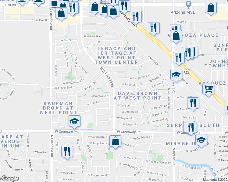 map of restaurants, bars, coffee shops, grocery stores, and more near 17232 West Rimrock Street in Surprise