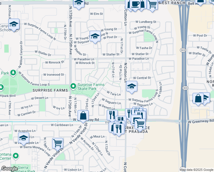 map of restaurants, bars, coffee shops, grocery stores, and more near 17251 W Ironwood St in Surprise