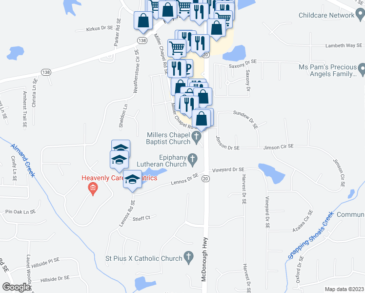 map of restaurants, bars, coffee shops, grocery stores, and more near 2283 Miller Chapel Road Southeast in Conyers