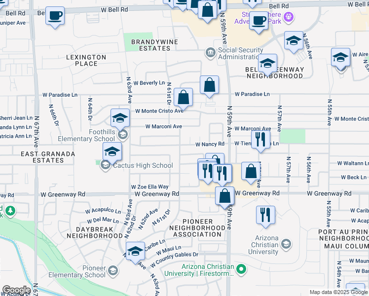 map of restaurants, bars, coffee shops, grocery stores, and more near 6027 West Nancy Road in Glendale