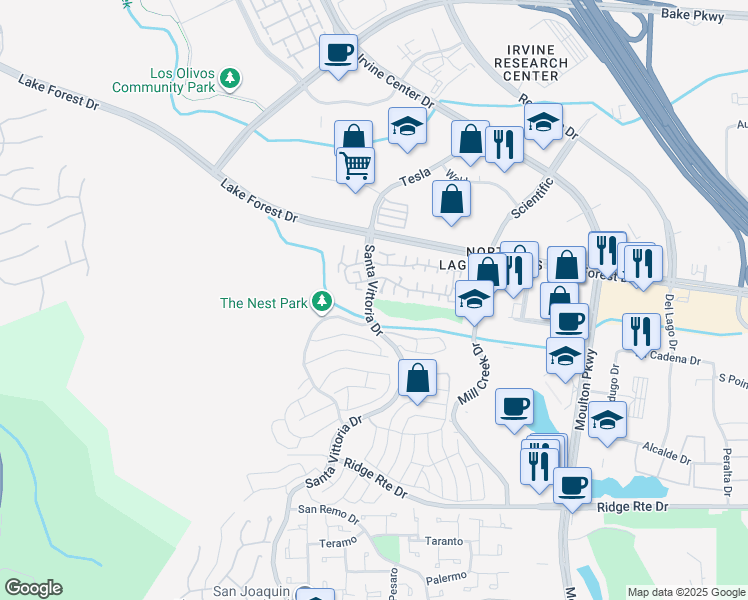 map of restaurants, bars, coffee shops, grocery stores, and more near 22988 Santa Vittoria Drive in Laguna Hills