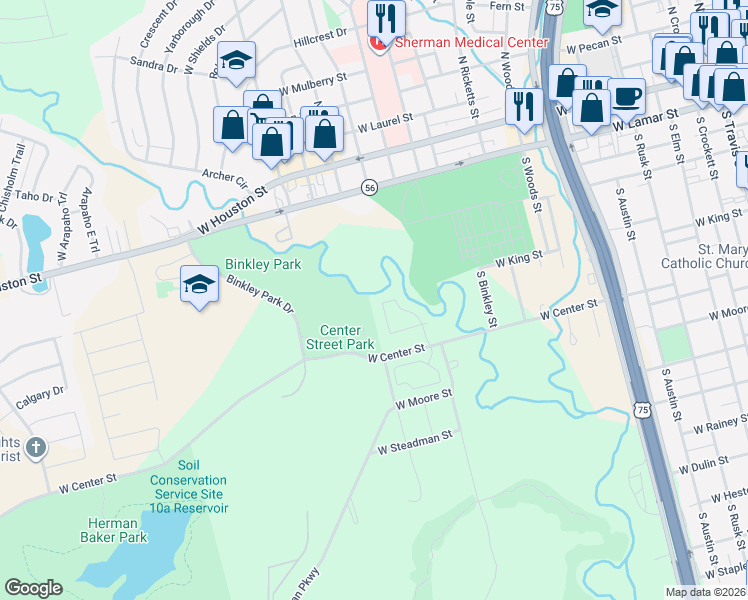 map of restaurants, bars, coffee shops, grocery stores, and more near 500 South Churchill Way in Sherman