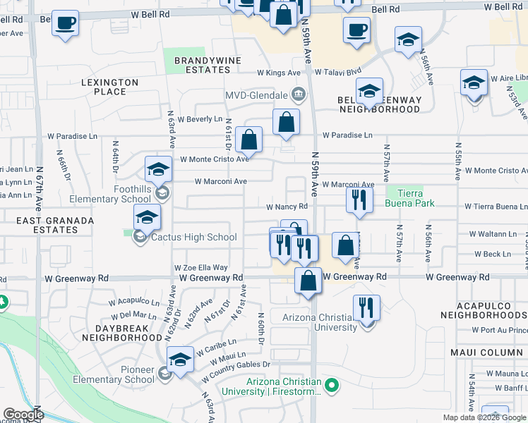 map of restaurants, bars, coffee shops, grocery stores, and more near 6027 West Nancy Road in Glendale
