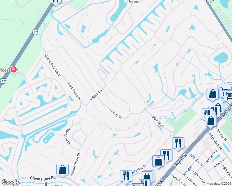 map of restaurants, bars, coffee shops, grocery stores, and more near 1850 Fairway Ridge Drive in Myrtle Beach