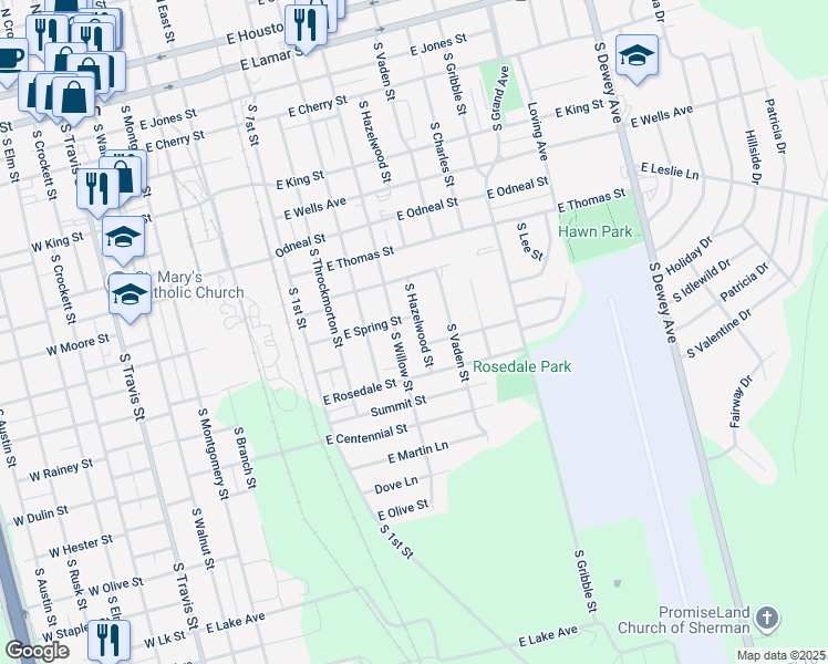 map of restaurants, bars, coffee shops, grocery stores, and more near 1112 South Hazelwood Street in Sherman
