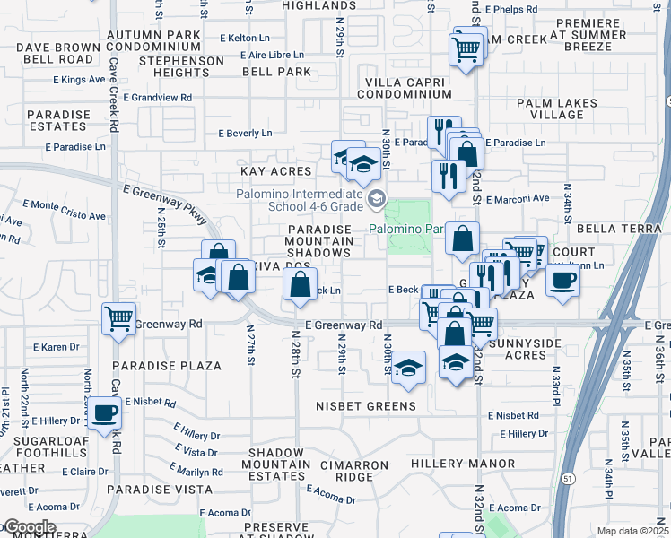 map of restaurants, bars, coffee shops, grocery stores, and more near 15610 North 29th Street in Phoenix
