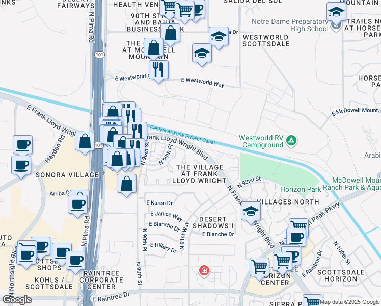 map of restaurants, bars, coffee shops, grocery stores, and more near 5 North Frank Lloyd Wright Boulevard in Scottsdale