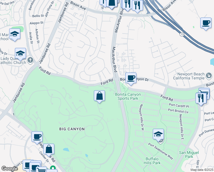 map of restaurants, bars, coffee shops, grocery stores, and more near 1009 Muirfield Drive in Newport Beach