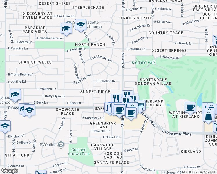 map of restaurants, bars, coffee shops, grocery stores, and more near 15625 North 63rd Street in Scottsdale