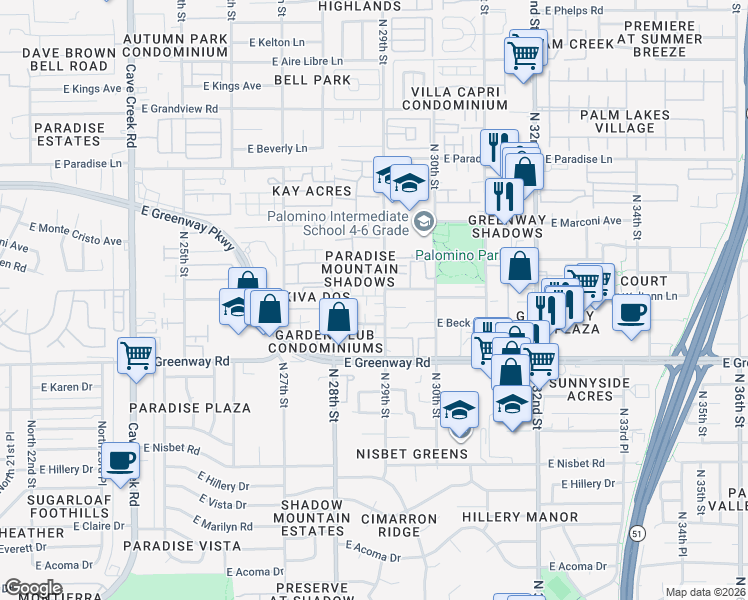 map of restaurants, bars, coffee shops, grocery stores, and more near 15610 North 29th Street in Phoenix