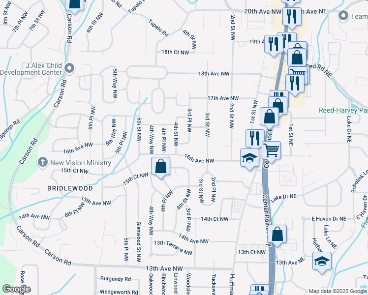 map of restaurants, bars, coffee shops, grocery stores, and more near 329 16th Court Northwest in Center Point