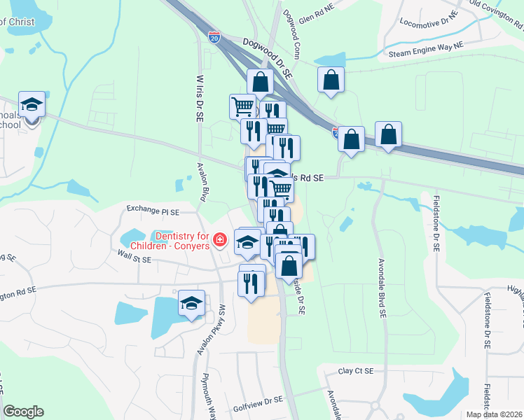 map of restaurants, bars, coffee shops, grocery stores, and more near 2280 Salem Road Southeast in Conyers