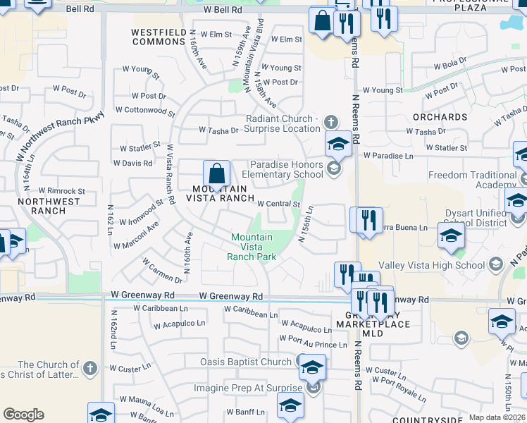map of restaurants, bars, coffee shops, grocery stores, and more near 16142 North 158th Avenue in Surprise