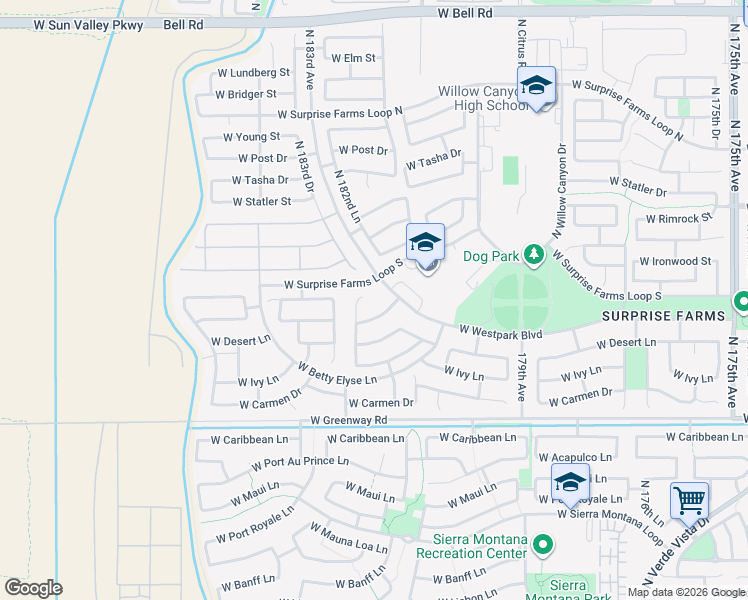 map of restaurants, bars, coffee shops, grocery stores, and more near 15883 North 182nd Avenue in Surprise