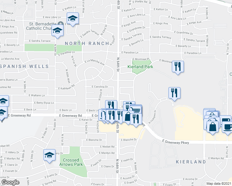 map of restaurants, bars, coffee shops, grocery stores, and more near 15633 North 63rd Way in Scottsdale