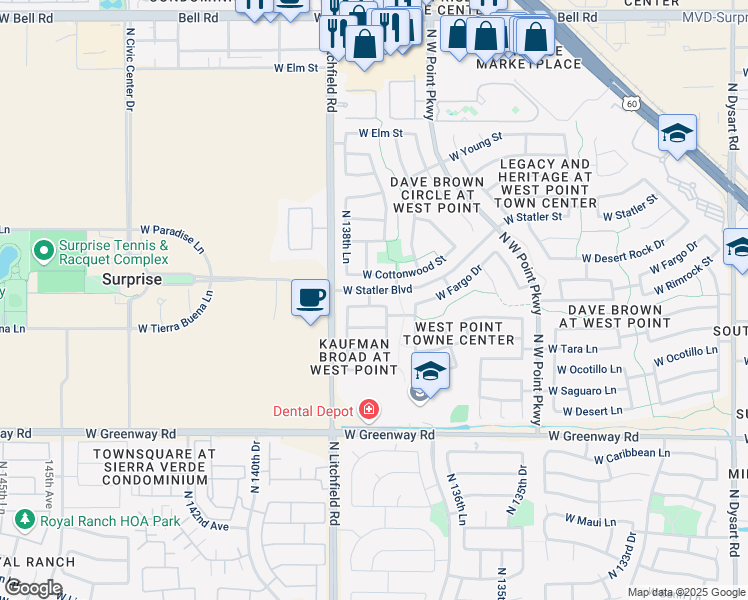 map of restaurants, bars, coffee shops, grocery stores, and more near 13824 West Fargo Drive in Surprise