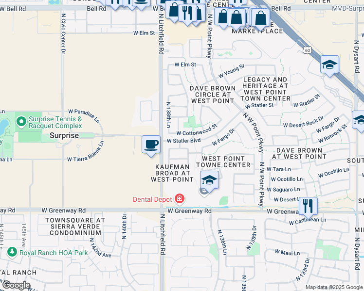 map of restaurants, bars, coffee shops, grocery stores, and more near 13824 W Fargo Dr in Surprise