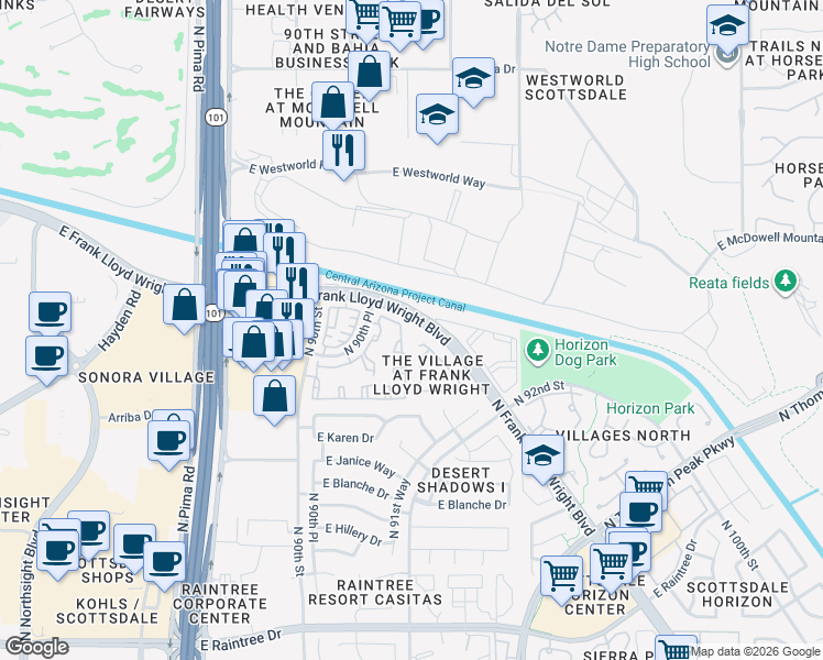 map of restaurants, bars, coffee shops, grocery stores, and more near 5 North Frank Lloyd Wright Boulevard in Scottsdale