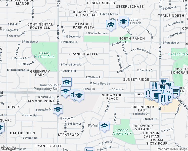 map of restaurants, bars, coffee shops, grocery stores, and more near 5842 East Waltann Lane in Scottsdale
