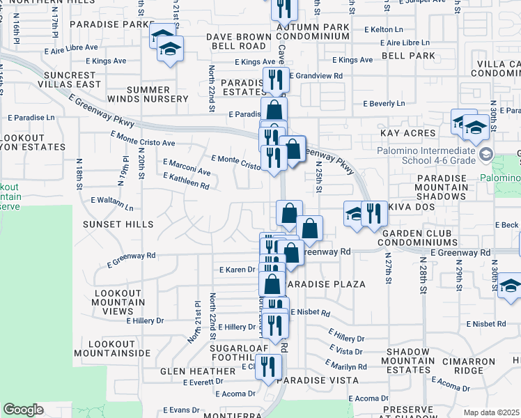 map of restaurants, bars, coffee shops, grocery stores, and more near 15616 North 23rd Place in Phoenix