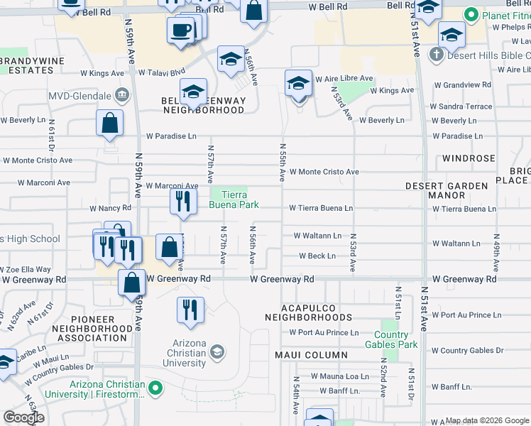 map of restaurants, bars, coffee shops, grocery stores, and more near 5507 West Tierra Buena Lane in Glendale