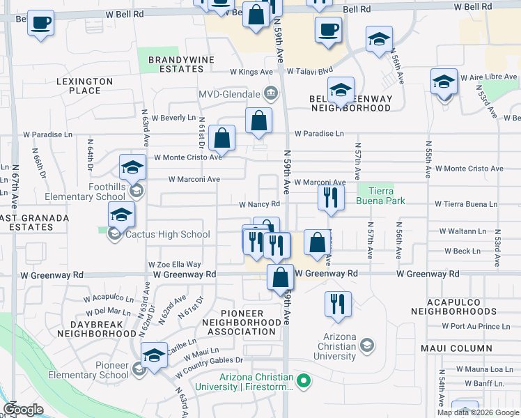 map of restaurants, bars, coffee shops, grocery stores, and more near 5941 West Nancy Road in Glendale