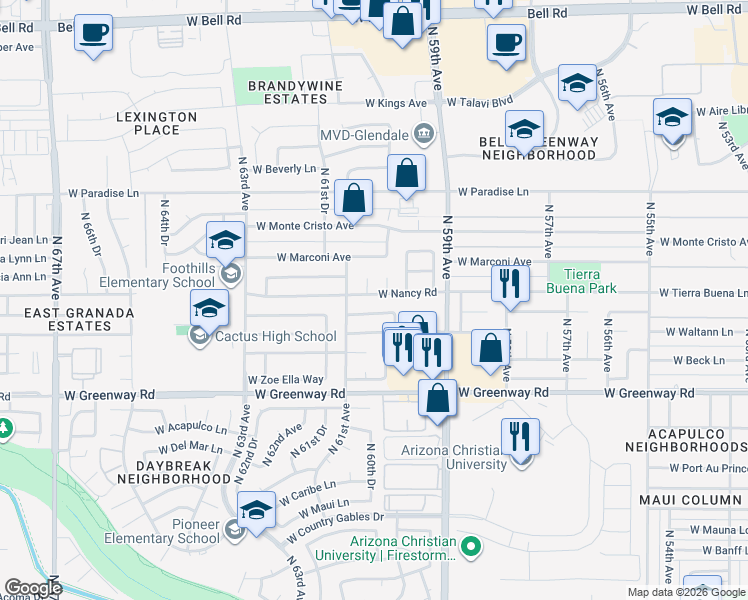 map of restaurants, bars, coffee shops, grocery stores, and more near 6027 West Nancy Road in Glendale