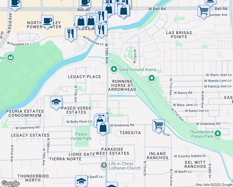 map of restaurants, bars, coffee shops, grocery stores, and more near 15804 North 74th Avenue in Peoria
