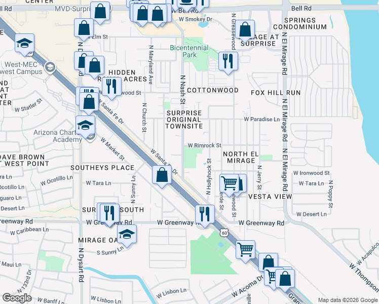 map of restaurants, bars, coffee shops, grocery stores, and more near 12669 West Rimrock Street in Surprise