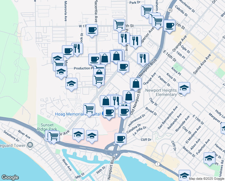 map of restaurants, bars, coffee shops, grocery stores, and more near 4300 Hilaria Way in Newport Beach