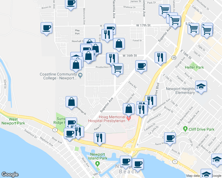 map of restaurants, bars, coffee shops, grocery stores, and more near 71 Bluffin Court in Newport Beach