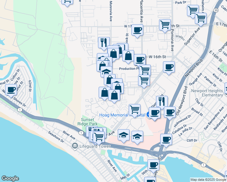 map of restaurants, bars, coffee shops, grocery stores, and more near 887 West 15th Street in Newport Beach