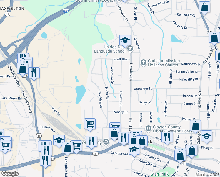 map of restaurants, bars, coffee shops, grocery stores, and more near 4632 Burks Road in Forest Park