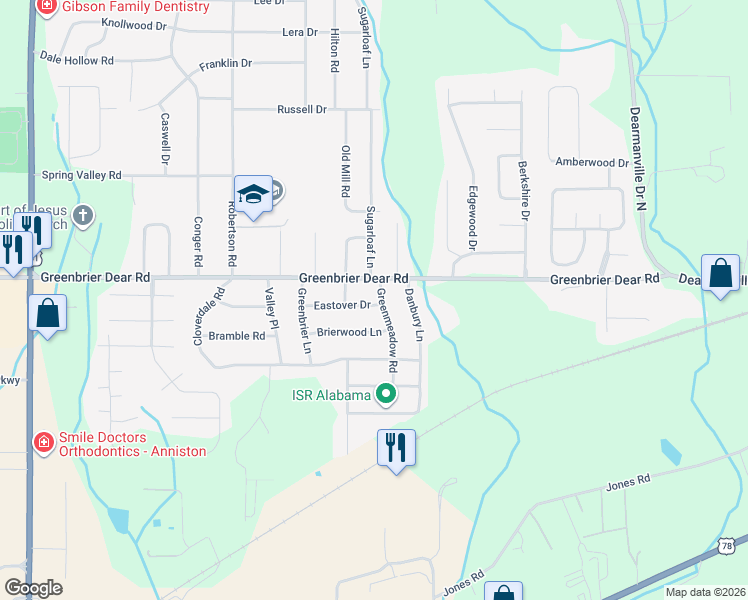 map of restaurants, bars, coffee shops, grocery stores, and more near 4131 Eastover Drive in Anniston