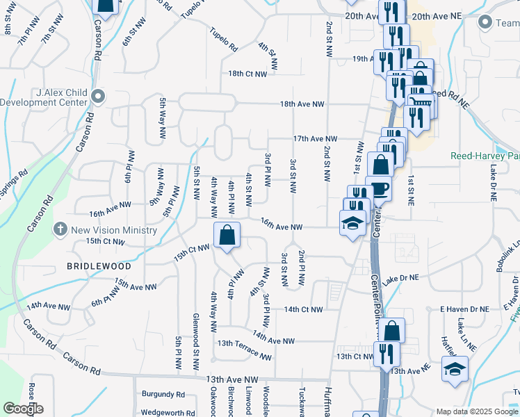 map of restaurants, bars, coffee shops, grocery stores, and more near 329 16th Court Northwest in Center Point