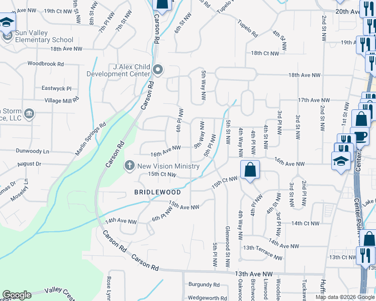 map of restaurants, bars, coffee shops, grocery stores, and more near 1628 6th Street Northwest in Center Point