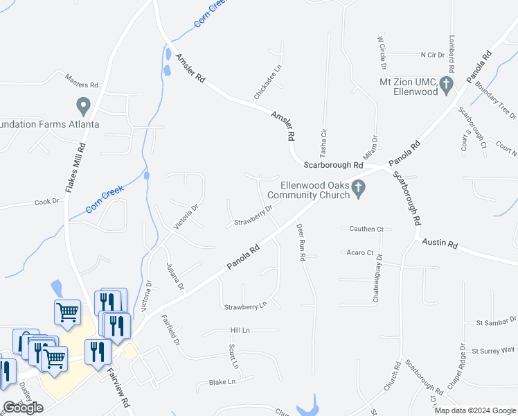 map of restaurants, bars, coffee shops, grocery stores, and more near 1207 Strawberry Trail in Ellenwood