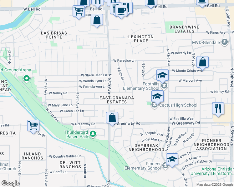 map of restaurants, bars, coffee shops, grocery stores, and more near 6649 West Nancy Road in Glendale