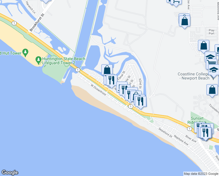 map of restaurants, bars, coffee shops, grocery stores, and more near Orange Street in Newport Beach