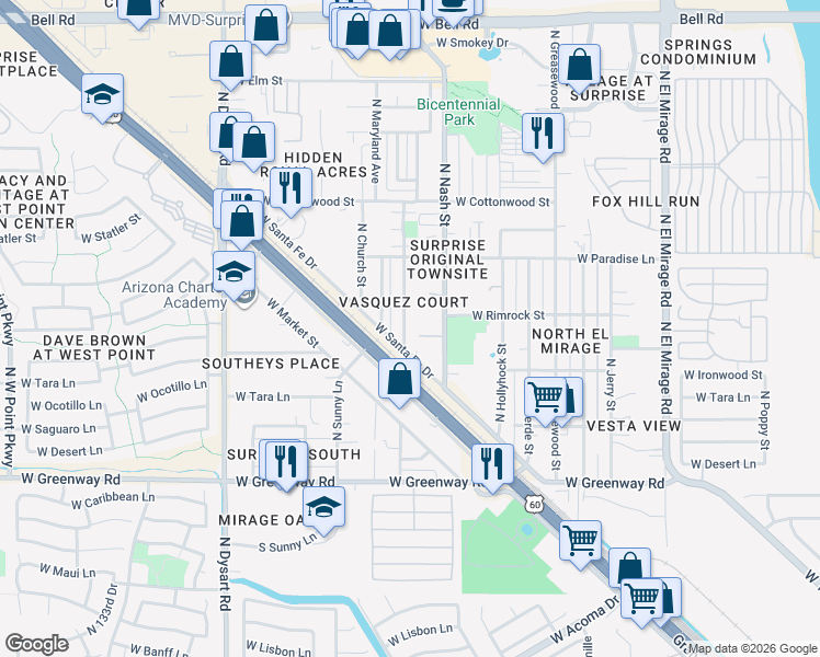 map of restaurants, bars, coffee shops, grocery stores, and more near 15833 North Desert Sage Street in Surprise
