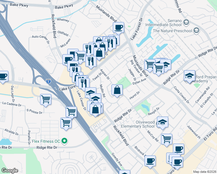 map of restaurants, bars, coffee shops, grocery stores, and more near 23922 Barton Street in Lake Forest