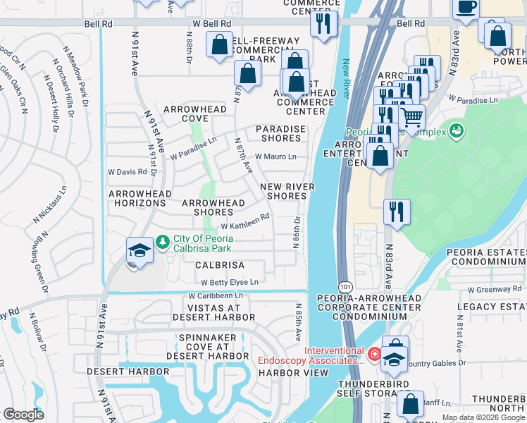 map of restaurants, bars, coffee shops, grocery stores, and more near 8720 West Kathleen Road in Peoria