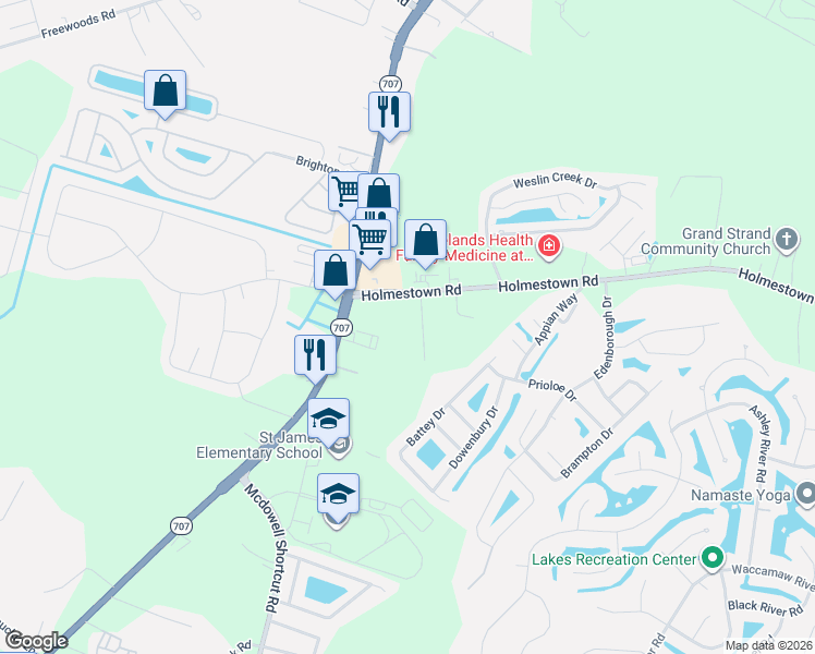 map of restaurants, bars, coffee shops, grocery stores, and more near 100 Dave Carr Court in Myrtle Beach