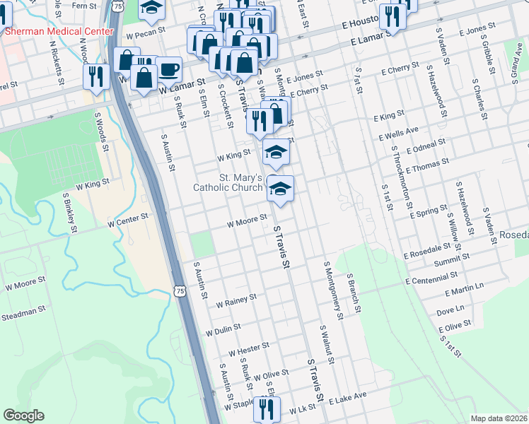 map of restaurants, bars, coffee shops, grocery stores, and more near 111 West Moore Street in Sherman