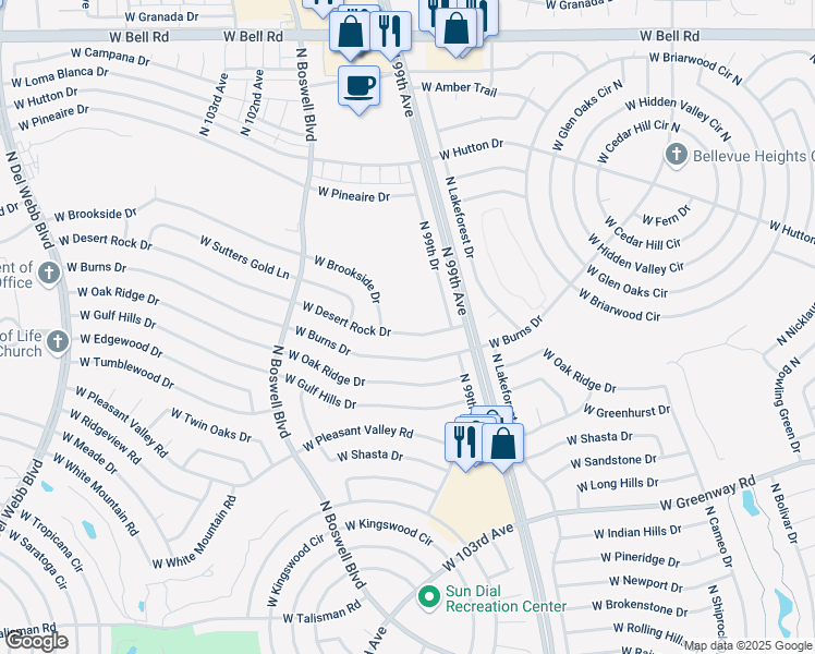 map of restaurants, bars, coffee shops, grocery stores, and more near 10002 West Desert Rock Drive in Sun City