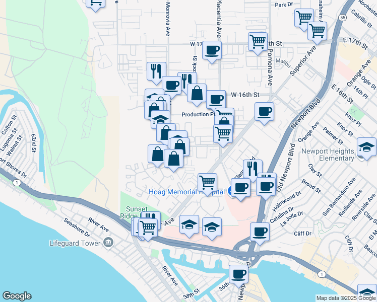 map of restaurants, bars, coffee shops, grocery stores, and more near 4 Bluefin Court in Newport Beach