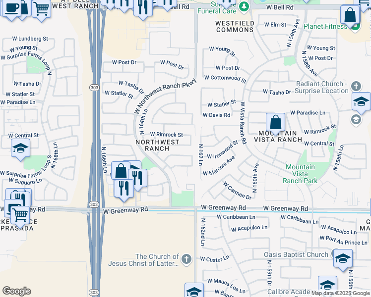 map of restaurants, bars, coffee shops, grocery stores, and more near 16311 West Central Street in Surprise