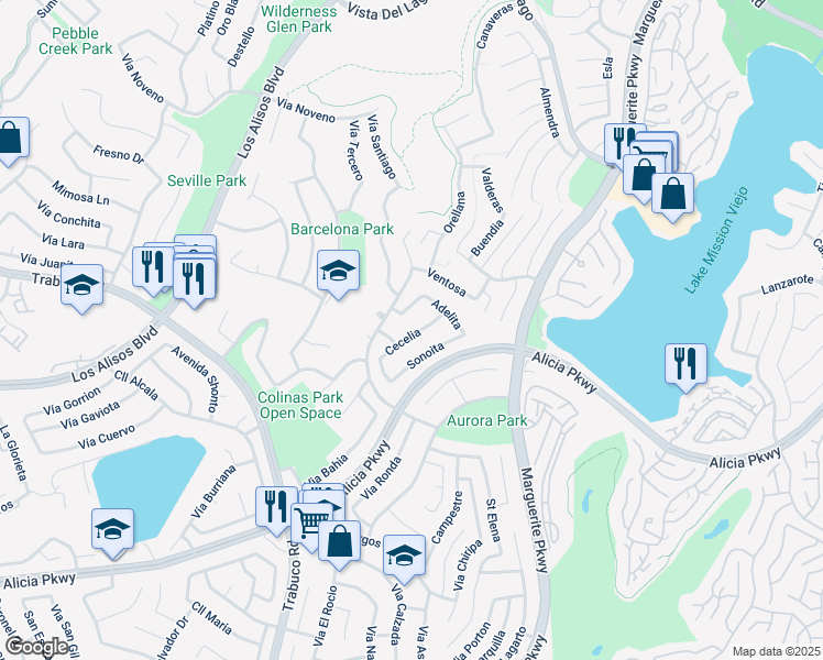 map of restaurants, bars, coffee shops, grocery stores, and more near 23015 Cecelia in Mission Viejo